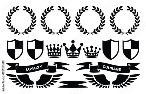 Collection of Heraldic Symbols: Laurels, Crowns, Shields, Banners, and Wings