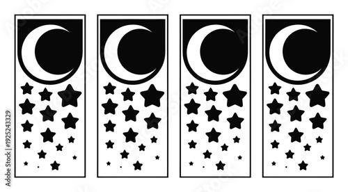 Four Black and White Bookmarks with Crescent Moons and Stars