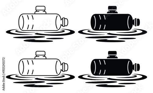 Four Icons of Plastic Bottles Floating on Water, Two Black and Two White