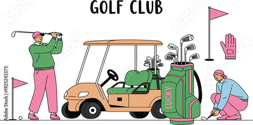 Golf Club Sport Illustration with Golfers Cart Equipment and Flags for Outdoor Recreation Tournament Training and Professional Golf Game Design
