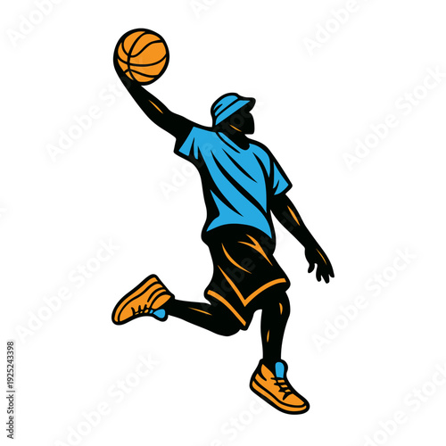 Basketball Player Silhouette: An athletic individual, captured mid-air during a powerful dunk, against an isolated backdrop, showcasing the dynamic nature and skill of the sport.