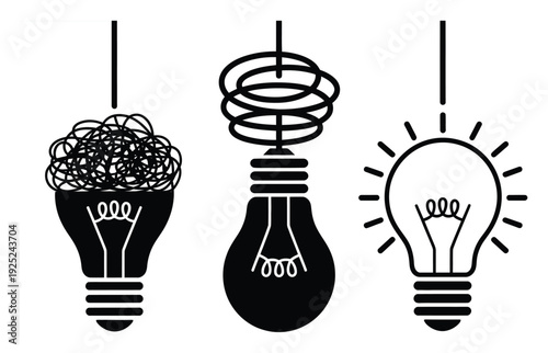 Three Lightbulbs Illustrating Ideas: Tangled, Structured, and Bright