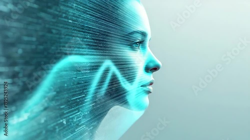 Digital human face profile formed by flowing data lines and glowing waveform on clean futuristic background
