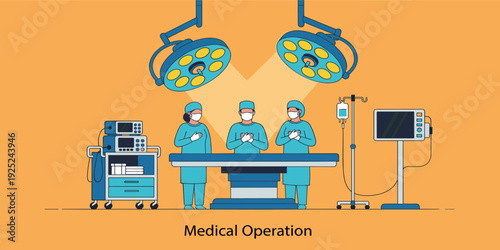 Medical Operation Room Illustration with Surgeons Operating Table Surgical Lights and Hospital Equipment for Healthcare Surgery and Emergency Treatment Design
