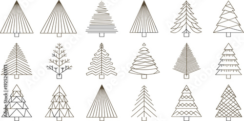 Minimalist Christmas Tree Icon Set with Geometric Pine Designs, Modern Holiday Winter Decoration Symbol Collection for Greeting Cards Branding and Seasonal Design