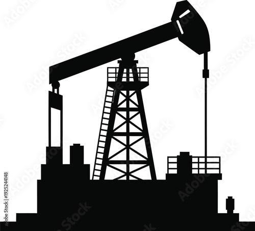 Black silhouette of an oil pump jack against a white background silhouette