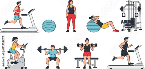 People Doing Gym Workout Exercises Vector Set with Treadmill Running Weightlifting Cycling and Fitness Training Illustrations for Healthy Lifestyle Design