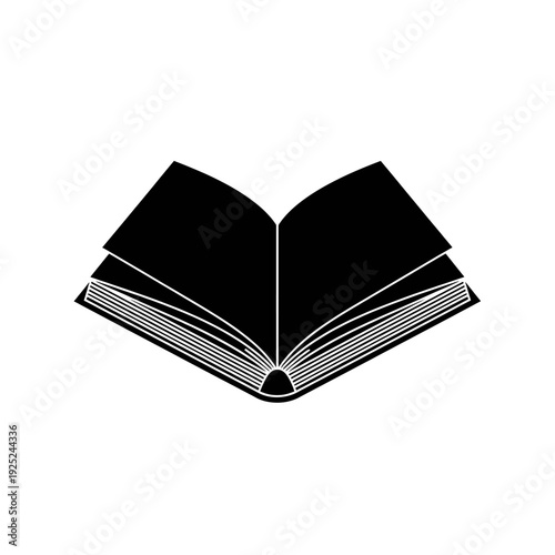 Open Black Cover Book with White Pages Facing Viewer on Plain White Background, Centered Composition in Minimalist Graphic Design Illustration