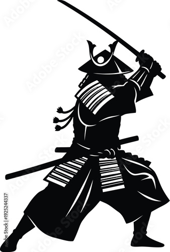 A dynamic samurai warrior poised for battle depicted in striking silhouette