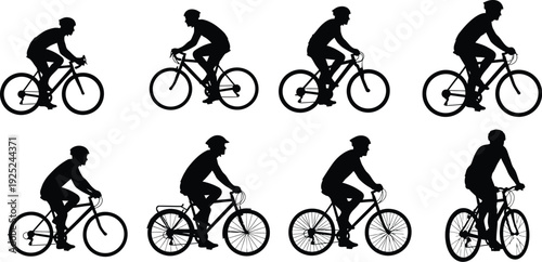 Four black silhouettes of cyclists riding bicycles in various positions silhouette