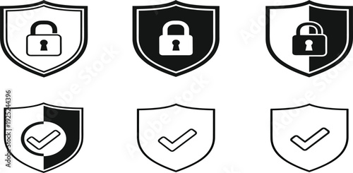 Security Shield Icon Set with Lock and Check Mark Symbols for Protection Privacy Verification Insurance and Cyber Safety Design Projects