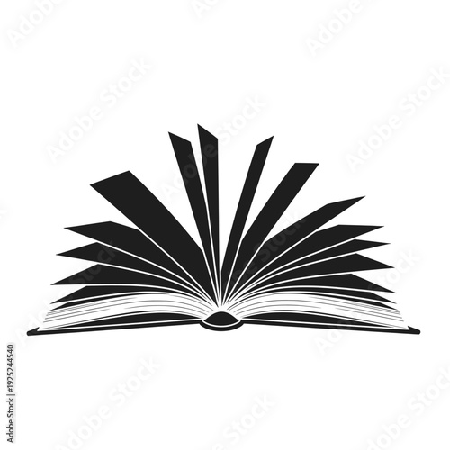 Modern Black-and-White Open Book Graphic with Fanned Pages, Bold Line Style, Minimalist Design on White Canvas