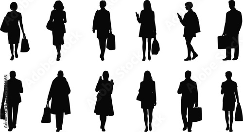 Business professionals silhouettes set, men and women walking with briefcases and smartphones, black isolated vector illustration collection for corporate lifestyle design