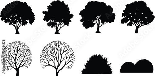 Tree and bush silhouettes set, forest foliage shapes, deciduous trees, bare branches, black nature landscape elements