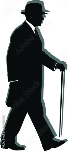 A distinguished gentleman walking with a cane depicted in dark tones silhouette