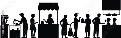 Coffee shop and street market stall silhouettes, barista serving customers at kiosks, black vector illustration collection isolated on white background