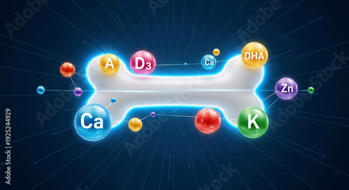 Conceptual illustration showing essential vitamins and minerals like calcium and vitamin d3 actively supporting bone health structure in a scientific display