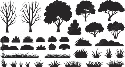 Tree, bush, and grass silhouettes set with deciduous trees, shrubs, foliage elements, black nature landscape collection
