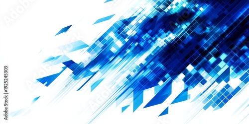 Brilliant blue geometric shards and digital grids explode across a bright white background