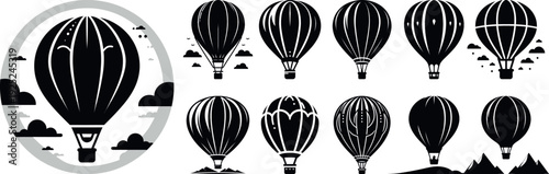 Hot Air Balloon Icon Set, Black and White Balloon Illustrations, Flight Design