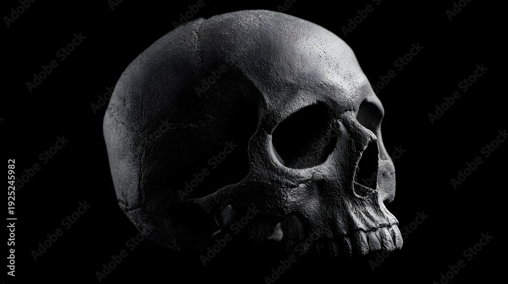 Obraz premium Detailed profile view of a dark rough textured human skull artfully lit against a stark black background evoking themes of mortality and mystery