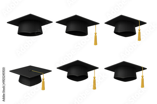 Six black graduation mortarboard caps with gold tassels shown from various angles on a transparent background