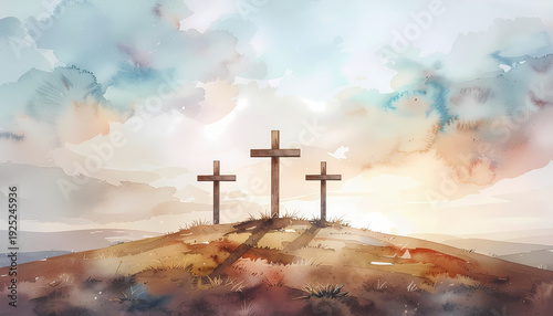 Solemn good friday background Three crosses rise on a hill against a vibrant, expressive sky