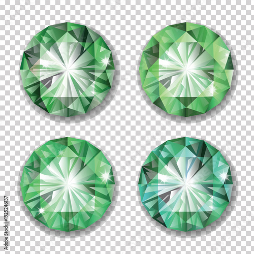 Set of realistic green gemstones, Emerald, Peridot, Green Tourmaline, Jade, isolated on transparent background, Vector EPS Illustration