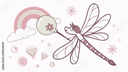 Whimsical Pink Dragonfly Holding Magic Wand Lollipop for Children's Party Invitation Design Background