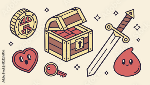 Retro RPG Game Icons Treasure Chest Sword Key Heart Potion for Mobile App Design Adventure Loot Collection