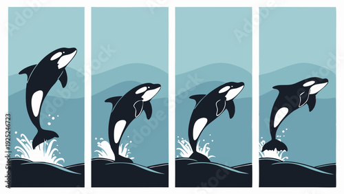 Dynamic Orca Whale Breaching Sequence Illustration for Nature Education Wildlife Websites Ocean Travel Promotion