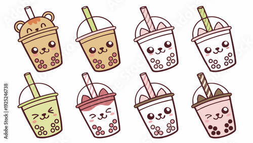 Cute Kawaii Boba Tea Drinks Set for Cafe Menu Design Happy Dessert Illustration Vector