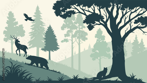 Forest Wildlife Silhouette Scene Deer Bear Bird in Misty Woodland Landscape for Nature Design Projects