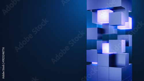 Abstract geometric blocks assembled into a single structure. AI systems, Big Data, cloud storage, abstract technology, business finance concept. 3d illustration