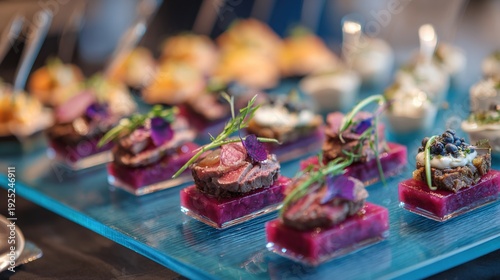 Gourmet appetizers on glass plate for catering event