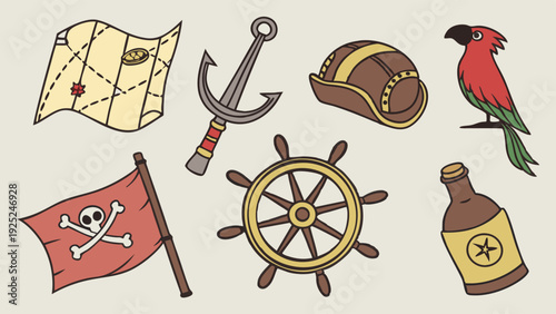 Pirate Treasure Map Anchor Ship Wheel Skull Flag Parrot Rum Bottle Game Assets for Adventure Web Design