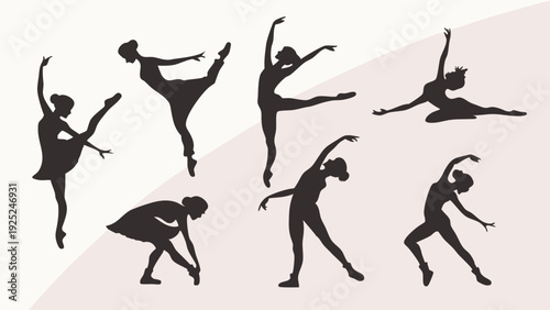 Silhouettes of Diverse Women Dancing Ballet Yoga Fitness Poses for Health Wellness Website Design or Fitness Class Promotion