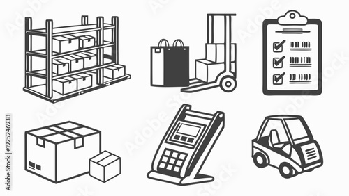Warehouse Logistics Icons Set Inventory Management Shipping Receiving Forklift Scanner for E-commerce Supply Chain Operations