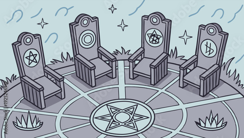 Mystical Occult Council Meeting Four Throne Circle Ritual Space for Esoteric Gathering Design