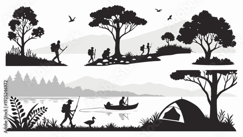 Outdoor Adventure Silhouettes Hiking Camping Fishing Lakeside Travel Vacation Design Elements for Tourism Brochures and Websites