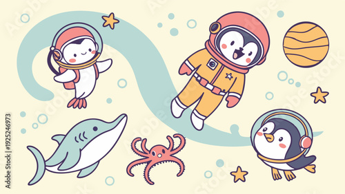 Cute Penguin Astronauts Swimming with Shark and Octopus for Kids Party Invitation or Nursery Decor Design