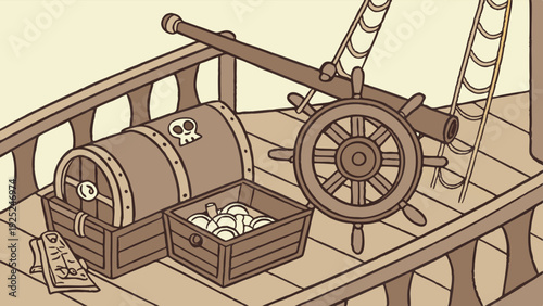 Pirate Treasure Chest Gold Coins on Ship Deck with Helm for Adventure Game Design or Historical Web Banner