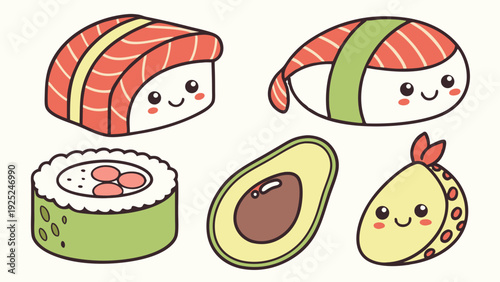 Kawaii Sushi Rolls and Avocado Cute Food Icons for Restaurant Menus Web Design Fun Japanese Cuisine Graphics