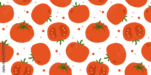 Seamless Pattern of red and yellow tomatoes. Healthy vegetables vector texture. Vegan, farm, organic, detox. Hand drawn illustration in trendy simple style