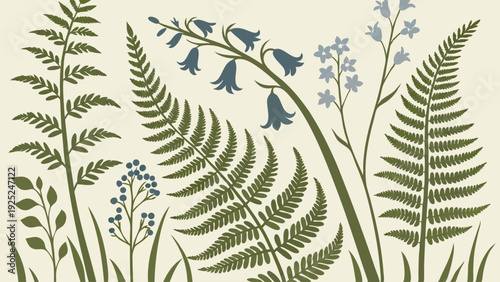 Lush Green Ferns and Bluebell Flowers Botanical Illustration for Spring Wallpaper Packaging Design