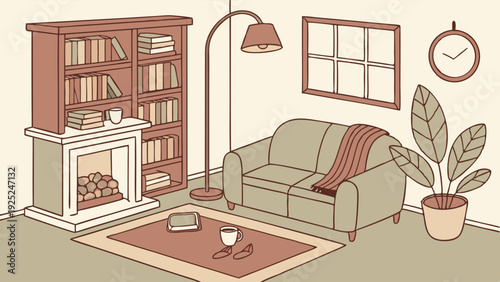 Cozy Living Room Interior with Fireplace Bookshelf Sofa and Houseplant for Home Decor Website Design or Relaxation Blog Illustration (167 characters)