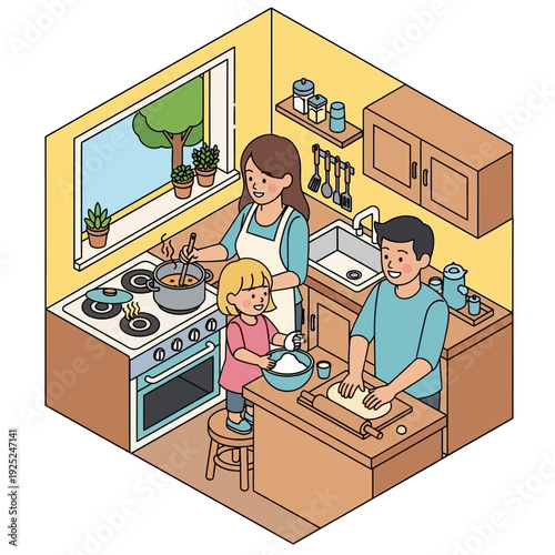 Family Cooking Together in Modern Kitchen.