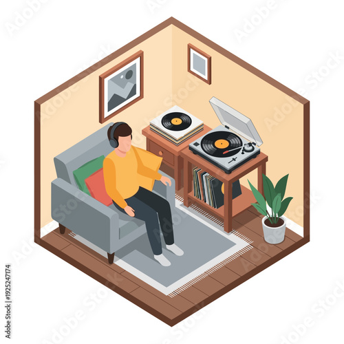 Man Relaxing on Sofa Listening to Music on Vinyl Records.