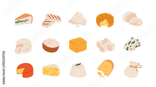 Cartoon cheese types. Italian swiss or goat cheeses type, cheddar mozzarella brie gouda parmesan french curd milk dairy food slices breakfast snack, set neat vector illustration original artwork