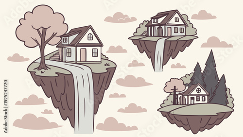 Floating Island Homes with Waterfalls Serene Landscape for Fantasy Game Design or Dream Vacation Web Banners